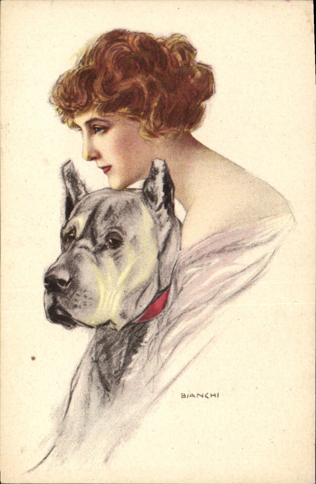 CPA Fantaisie Illustrateur Bianchi Femme Chien