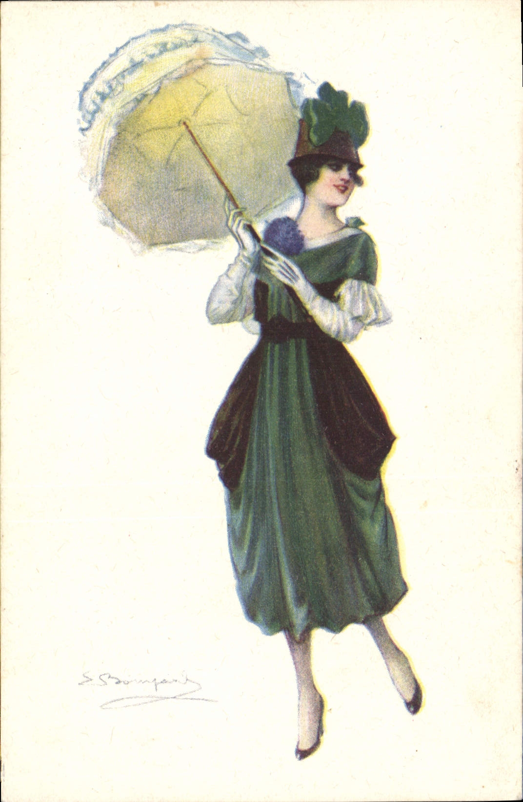 Femme en robe verte tenant un parapluie — illustration de E. Stompard — édition italienne