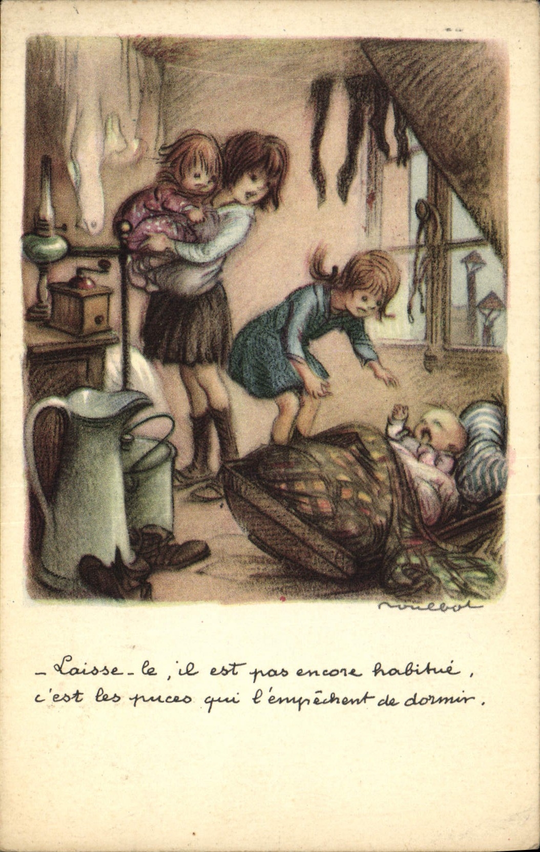 Enfants et bébé dans une chambre — illustration de NICELET — éditeur non visible