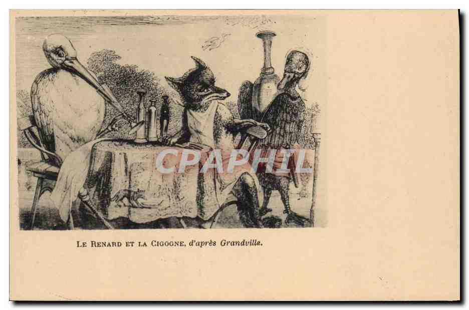 Le Renard et la Cigogne, d'après Grandville — gravure — éditeur non visible