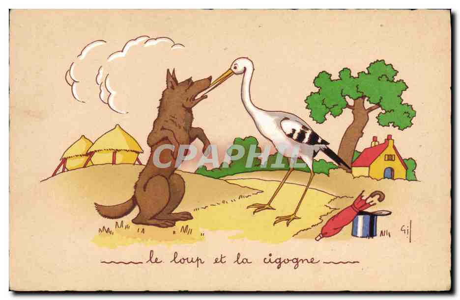 CPA Fantaisie Illustrateur Le Loup et la cigogne La Fontaine