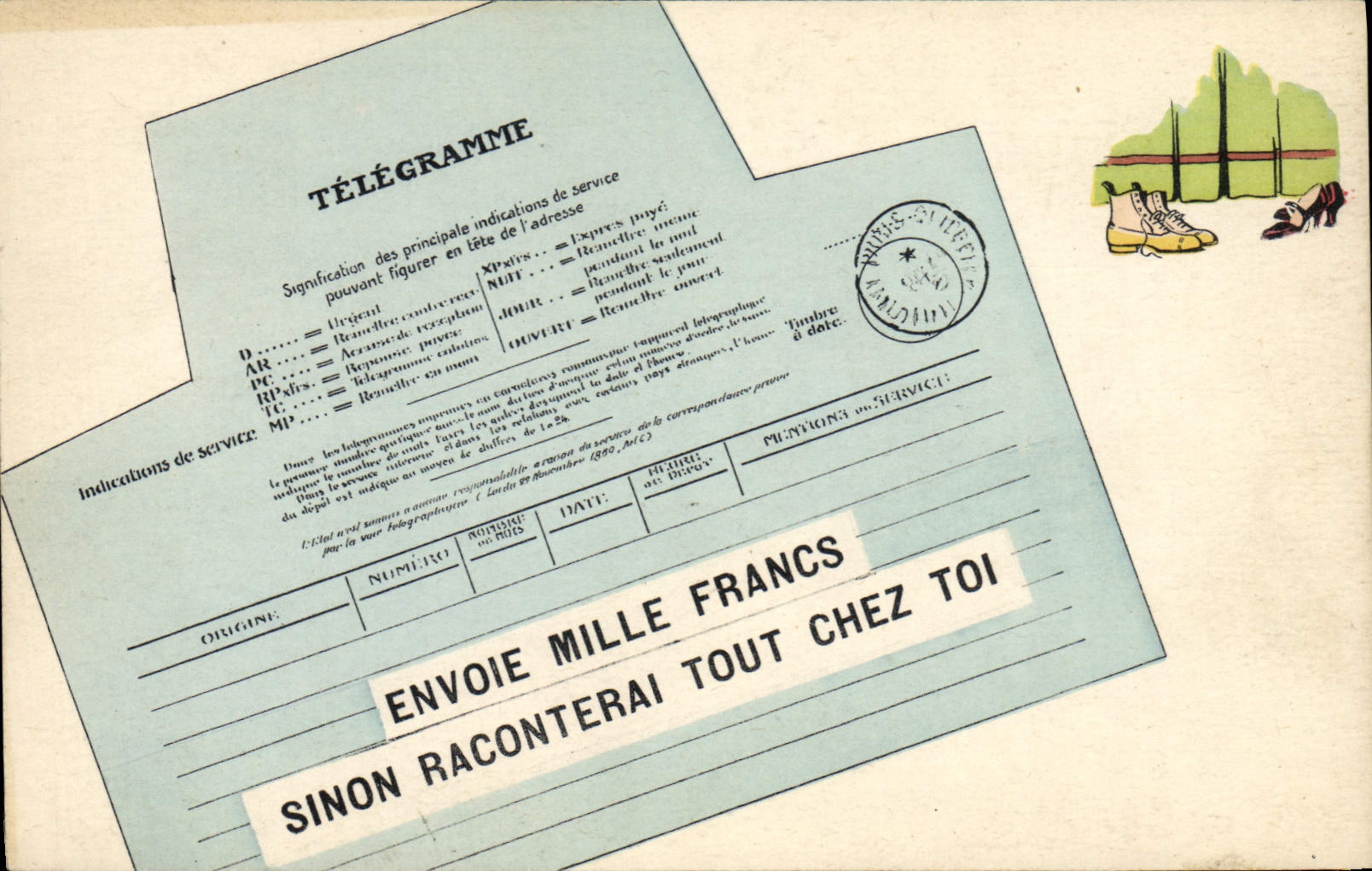 Carte postale télégramme — modèle éducatif avec texte imprimé et autocollant — P-C Paris