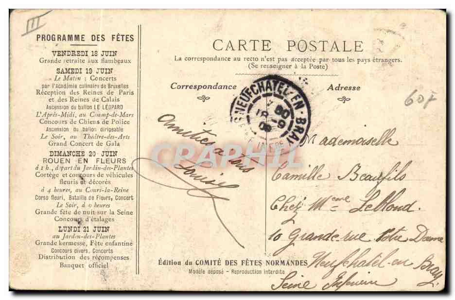 CPA Folklore Souvenir des Fetes Normandes 1909 — Verso