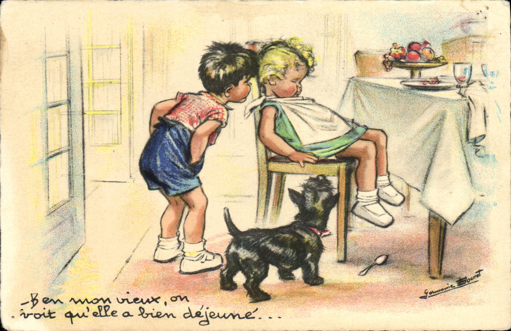 CPA Fantaisie Illustrateur Germaine Bouret Enfants Chien 