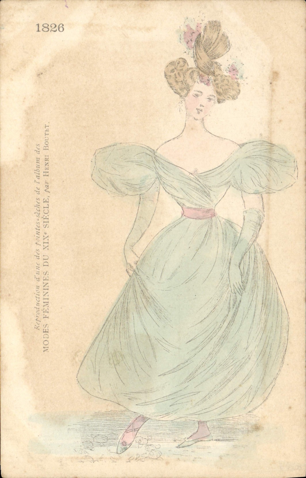 Femme en robe de mode du XIXe siècle — Reproduction d'une gravure de l'album des Modes féminines par Henri Boutet — n° 1826
