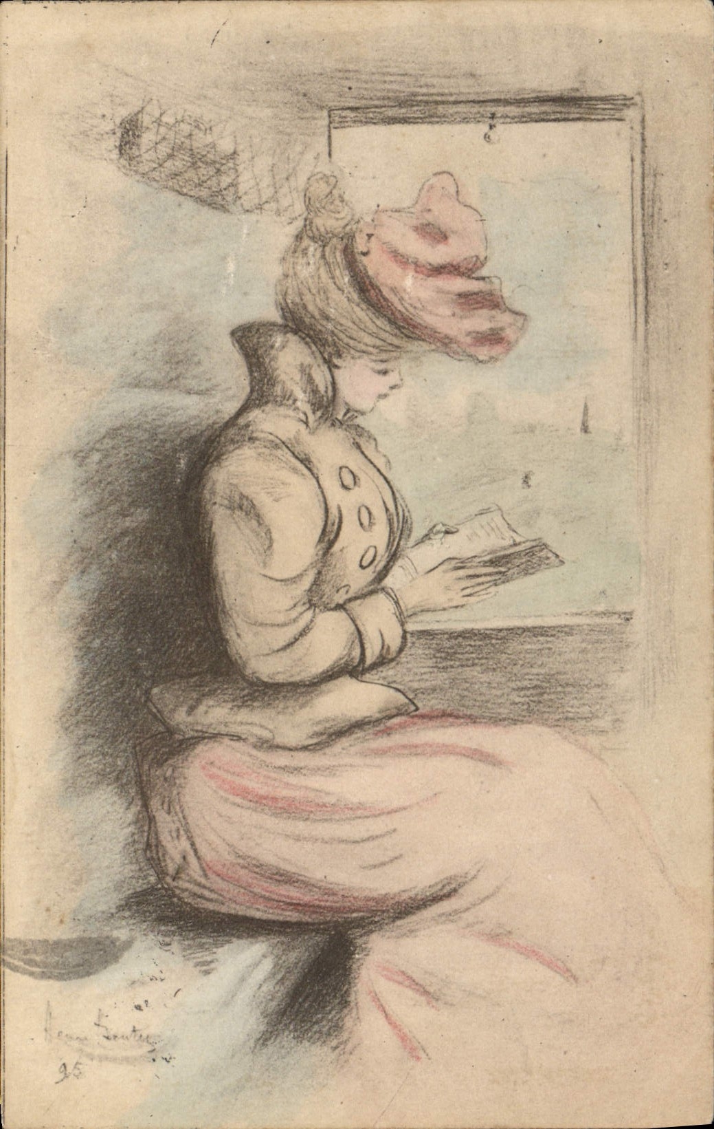Frau, die nahe einer Fenster lese — Tusche- und Pastellzeichnung — Henri Lauter, n° 95