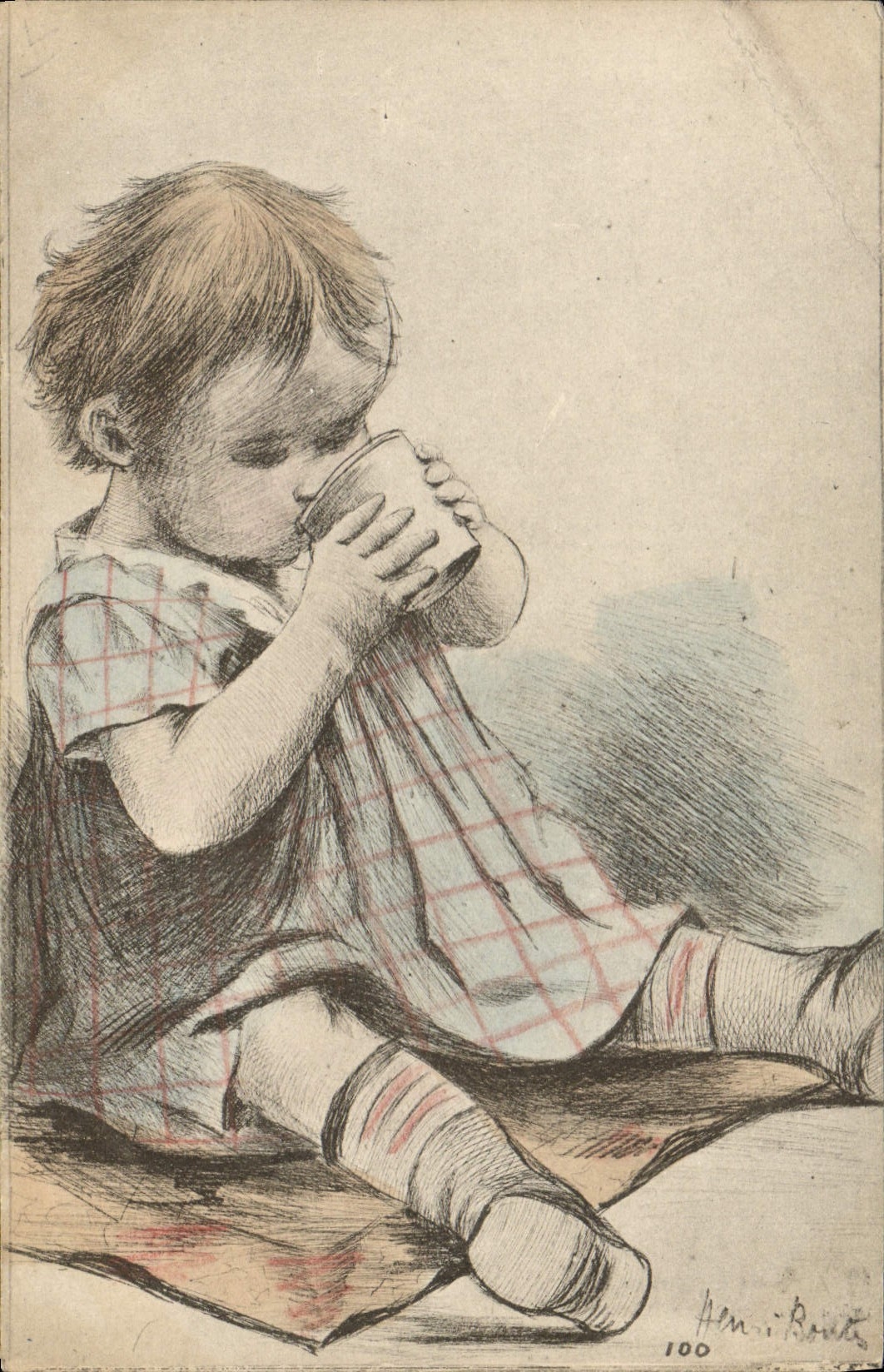 Enfant buvant — dessin à l'encre et crayon — Henri Boulet, n°100