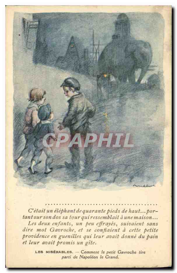 CPA Fantaisie Illustrateur Poulbot Victor Hugo Les Miserables Napoleon Gavroche Elephant