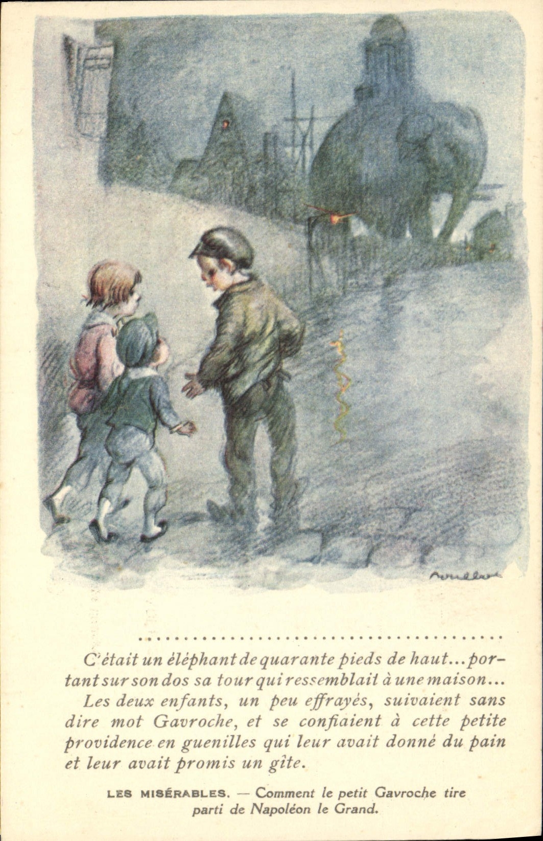 CPA Fantaisie Illustrateur Poulbot Victor Hugo Les Miserables Napoleon Gavroche Elephant