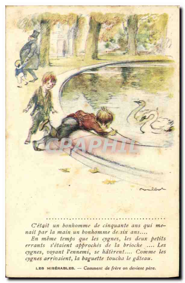 CPA Fantaisie Illustrateur Poulbot Victor Hugo Les Miserables Cygnes Swan