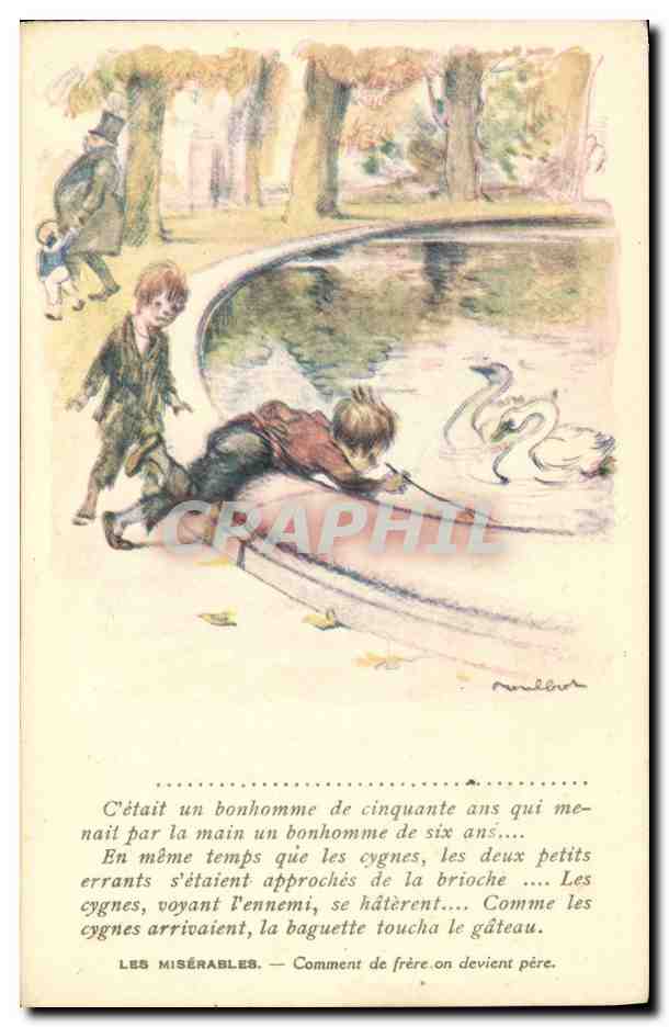 CPA Fantaisie Illustrateur Poulbot Victor Hugo Les Miserables Cygnes Swan