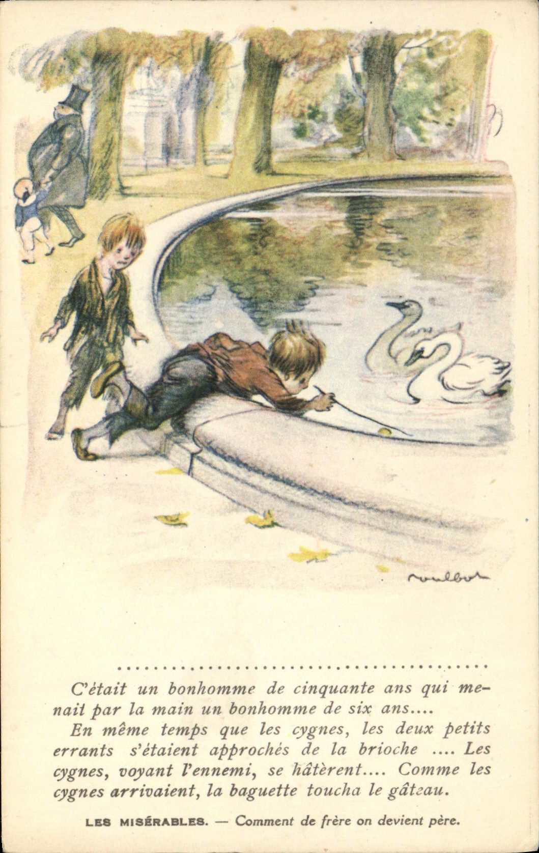 CPA Fantaisie Illustrateur Poulbot Victor Hugo Les Miserables Cygne Cygnes Swan