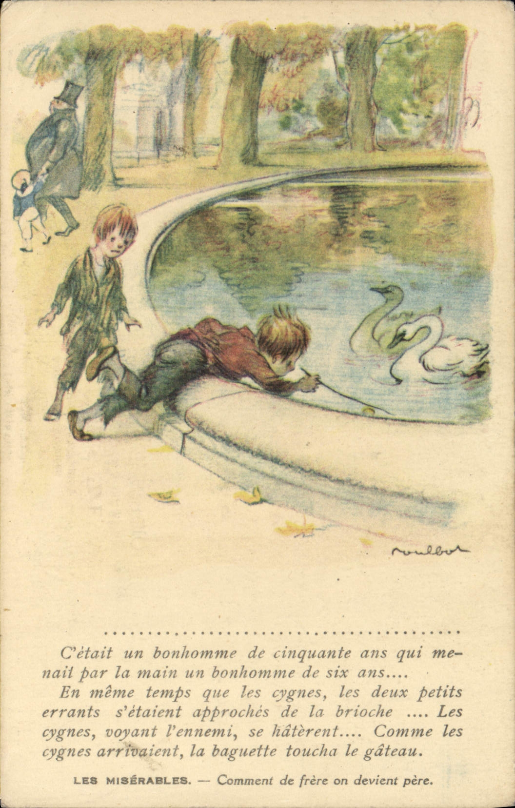 CPA Fantaisie Illustrateur Poulbot Victor Hugo Les Miserables Cygne Cygnes Swan