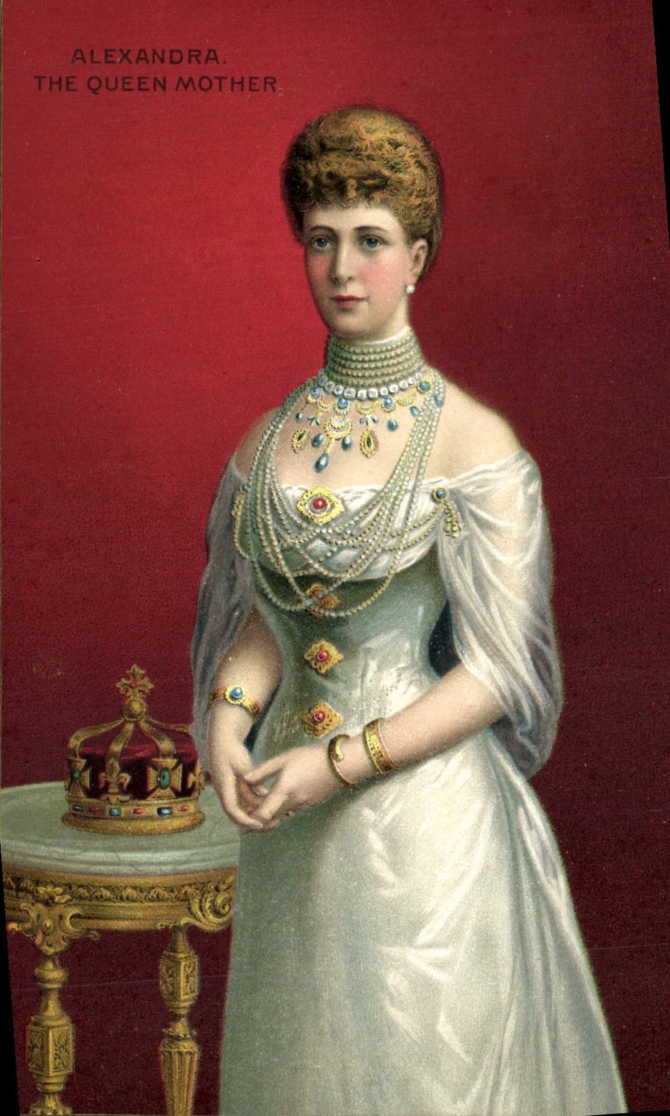 Alexandra, la Reine Mère — portrait en robe de soirée et bijoux — éditeur Michæl & Co. Ltd, Saxe