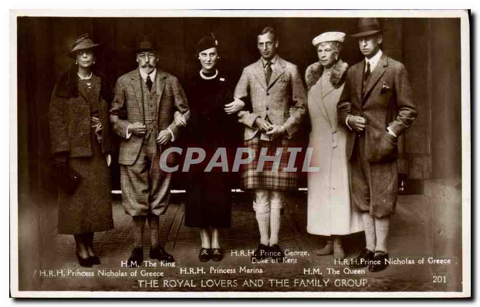 La famille royale grecque — H.M. le Roi, H.R.H. la princesse Marina, H.R.H. le prince George de Kent, H.M. la reine, H.R.H. le prince Nicholas de Grèce — éditeur CPAPHIL, n° 201