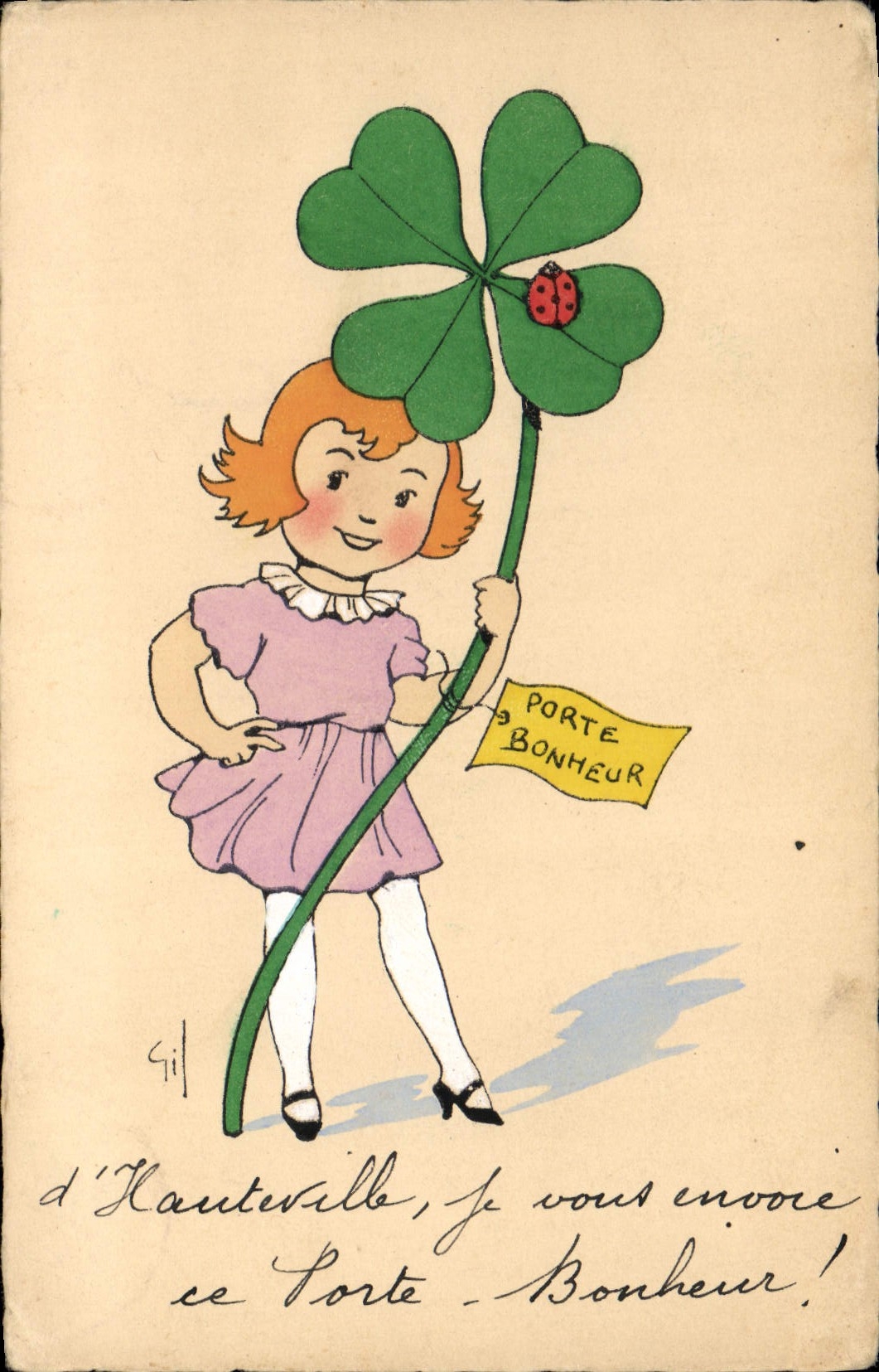 CPA Fantaisie Illustrateur Enfant Trefle Porte bonheur