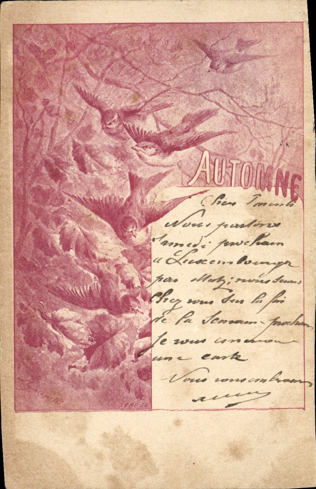 CPA Fantaisie Illustrateur Oiseaux Automne 