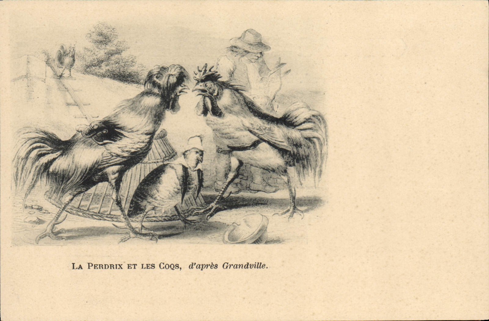 La Perdrix et les Coqs, d'après Grandville — illustration humoristique — éditeur non visible