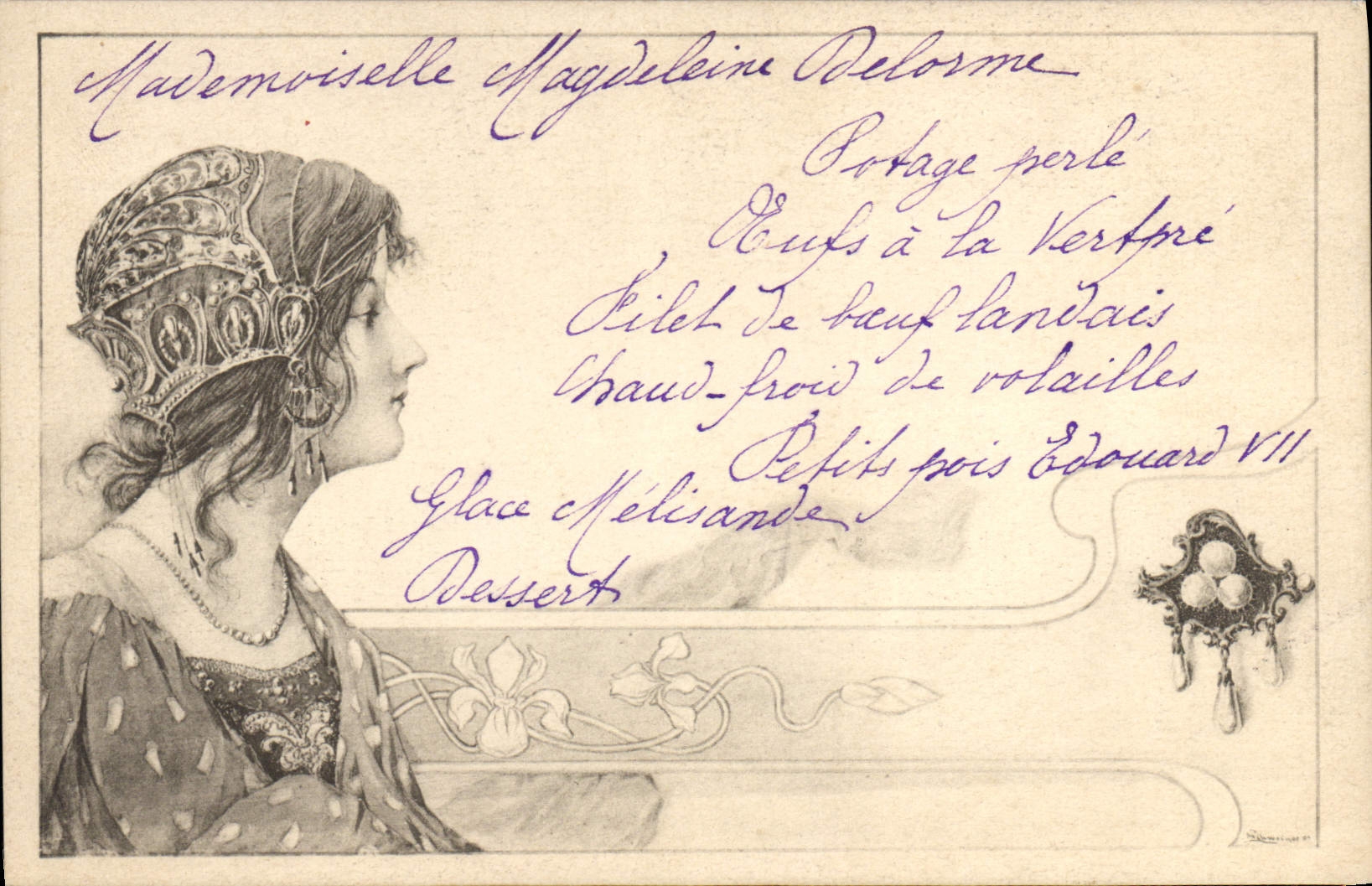 Junge Frau mit geschmücktem Hut — Menü aus dem Hof von Edward VII — anonymer Verlag, Seriennummer nicht sichtbar