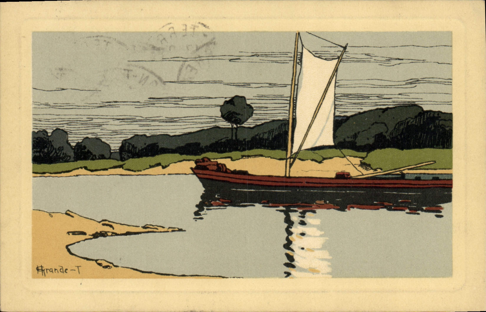 Bateau à voile sur un fleuve — Grande-T — éditeur non visible
