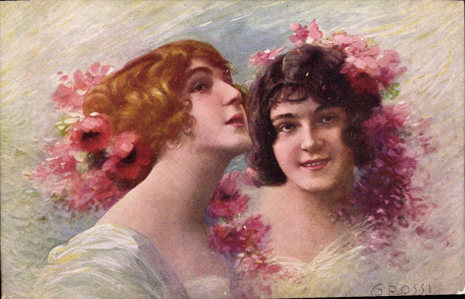 Deux jeunes femmes couronnées de fleurs — illustration de Grossi — éditeur Grossi