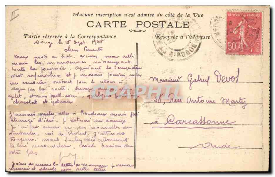 Camp Militaire de SOUGE (Gironde) — Une Pièce d'Artillerie — Phototypie Marcel Delbey, Bordeaux — Verso