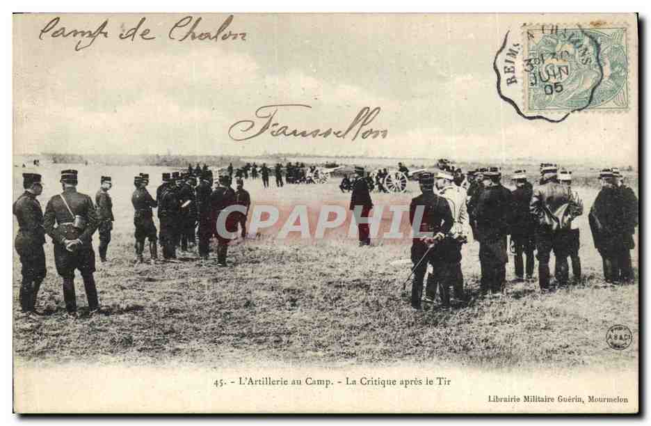 Campamento de Châlons — La Artillería en el Campo. La Crítica después del Fuego — Librería Militar Guérin, Mourmelon