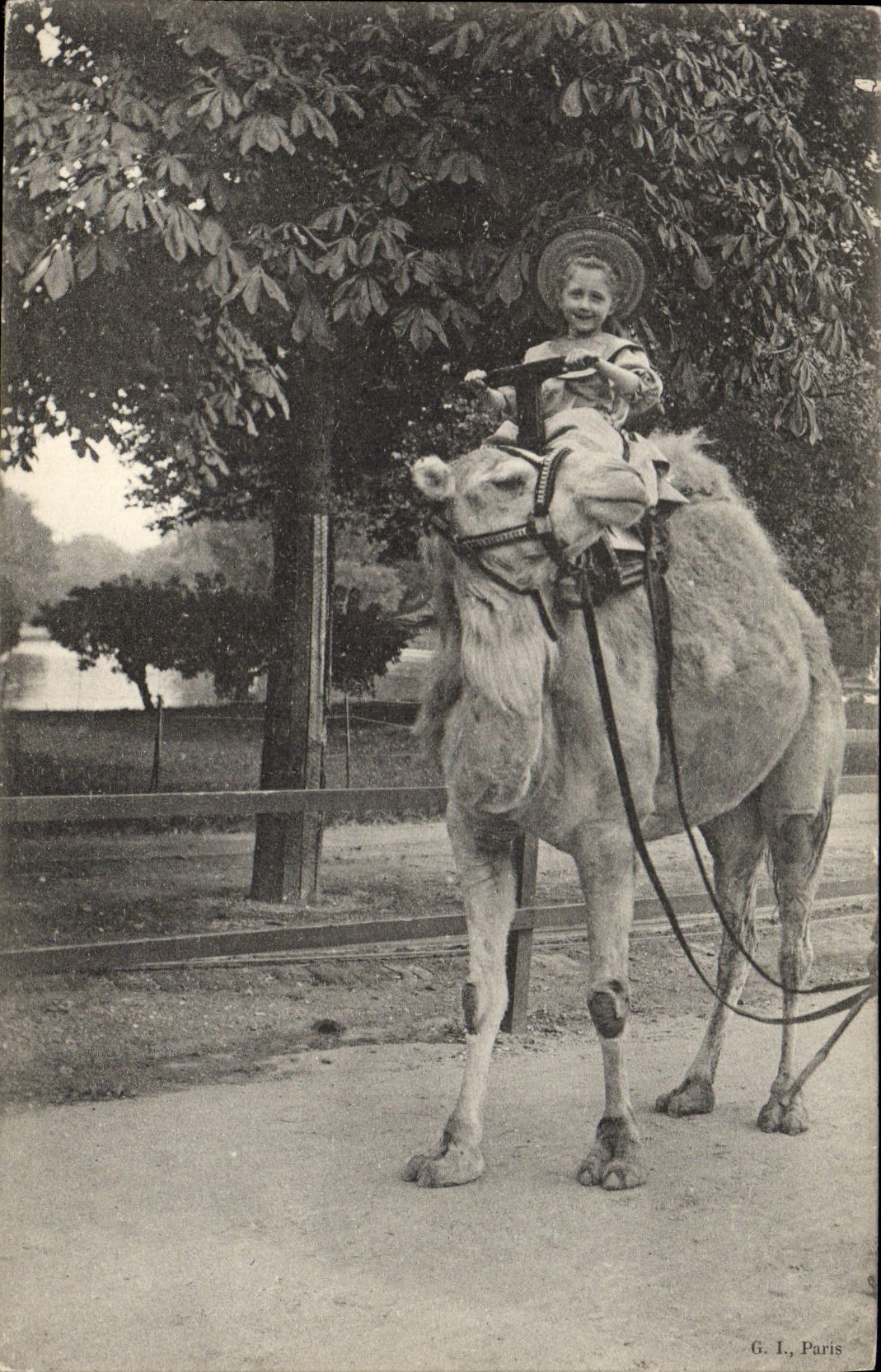 Enfant sur un chameau — parc de Paris — G. I., Paris
