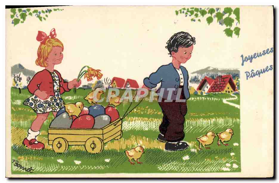 CPA Fantaisie Illustrateur Joyeuses Paques Enfants