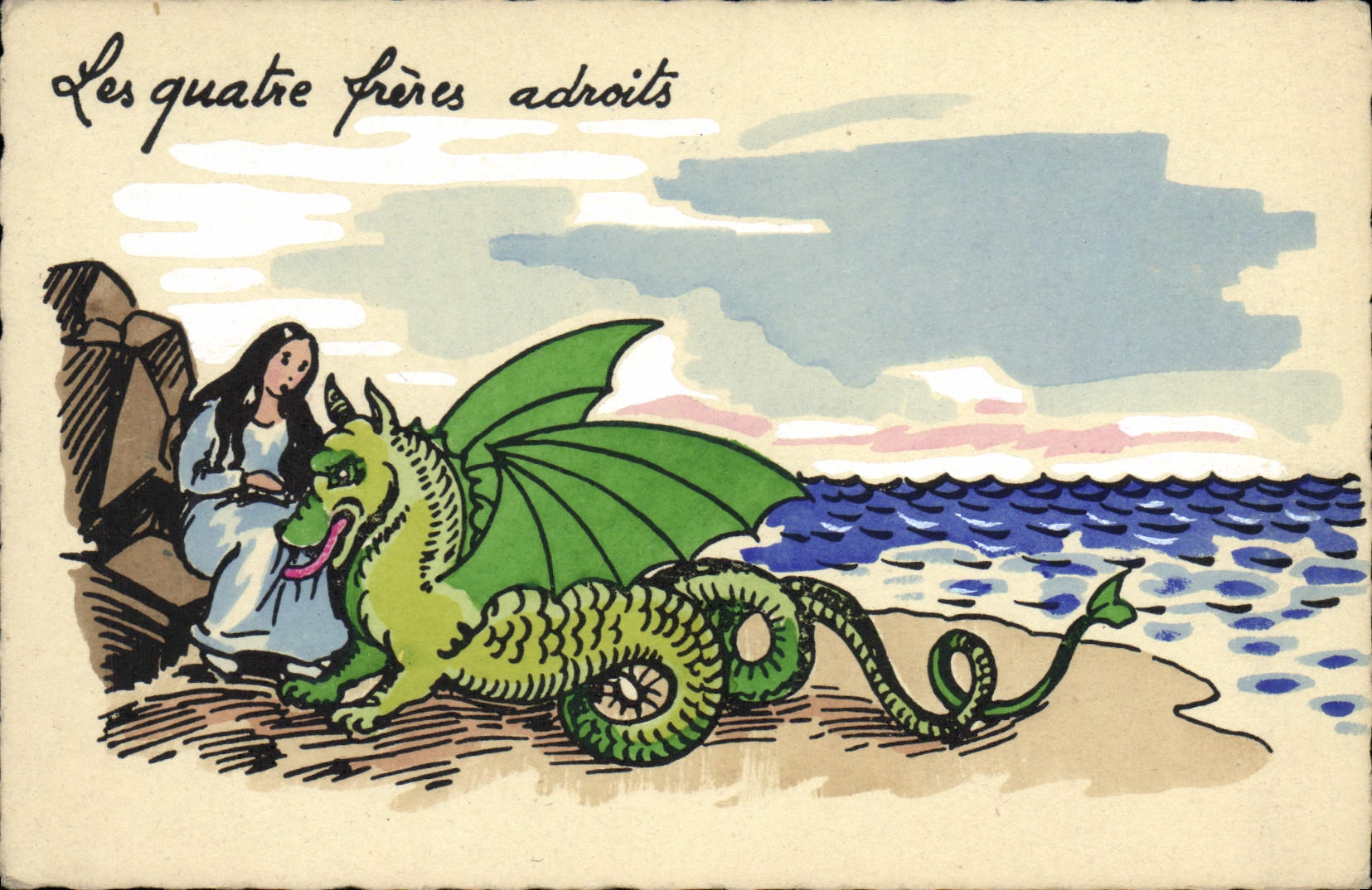 Les quatre frères adroits — illustration de dragon et jeune fille — Éla Artistiques Parisiens