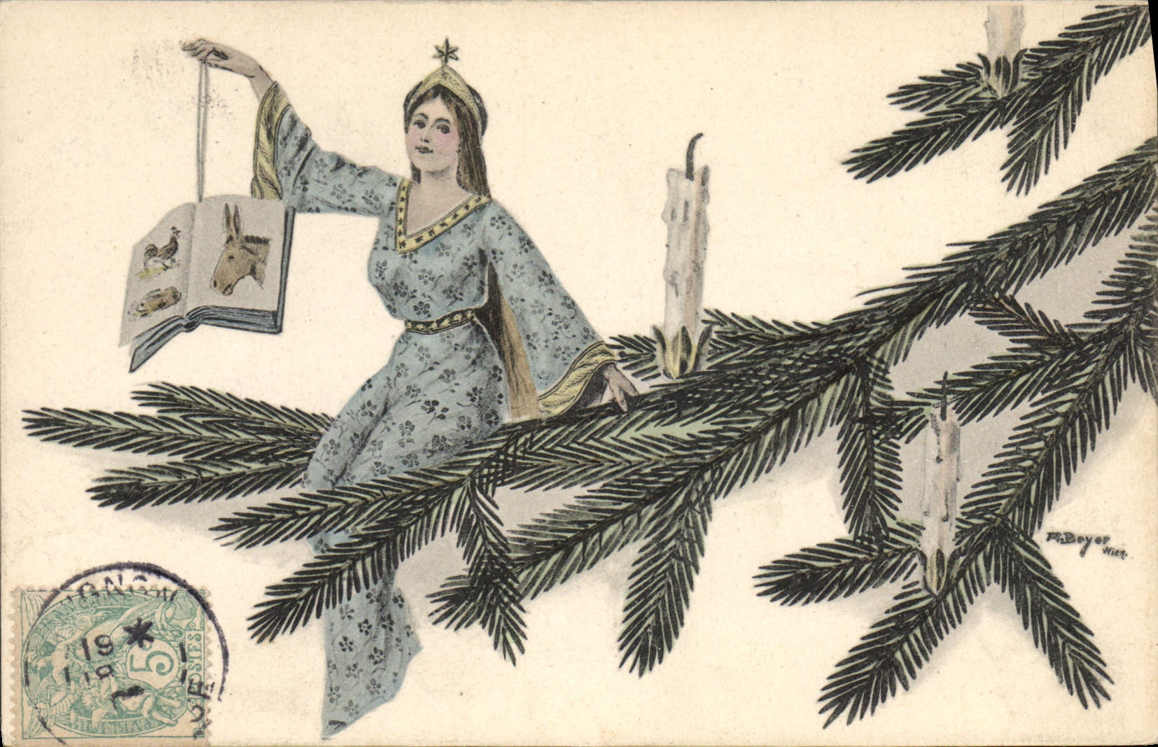CPA Fantaisie Illustrateur Femme Sapin ane Mule Coq 