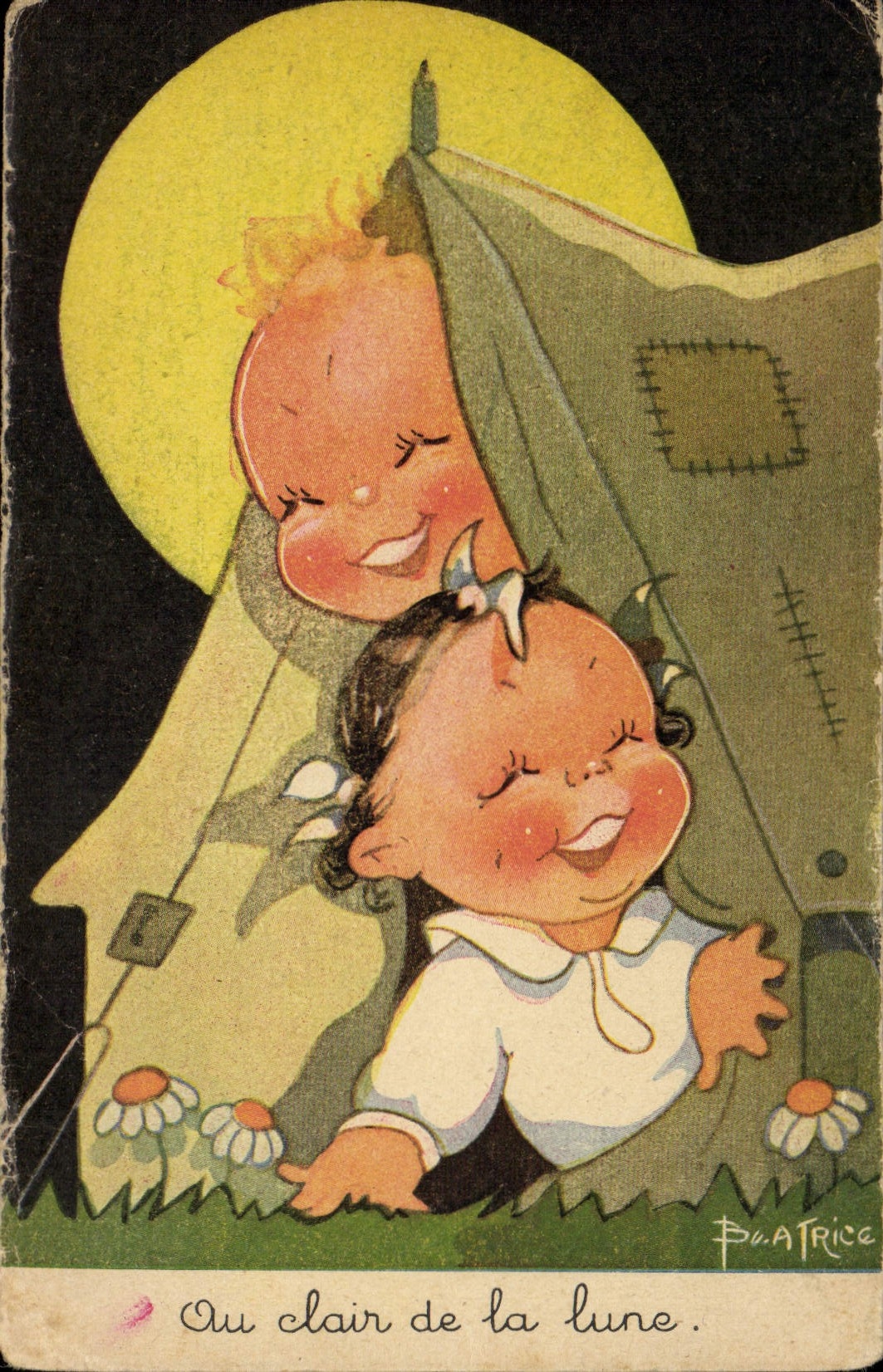 Antike Ansichtskarte Fantasie Illustrator Kinder Unter dem Mondlicht