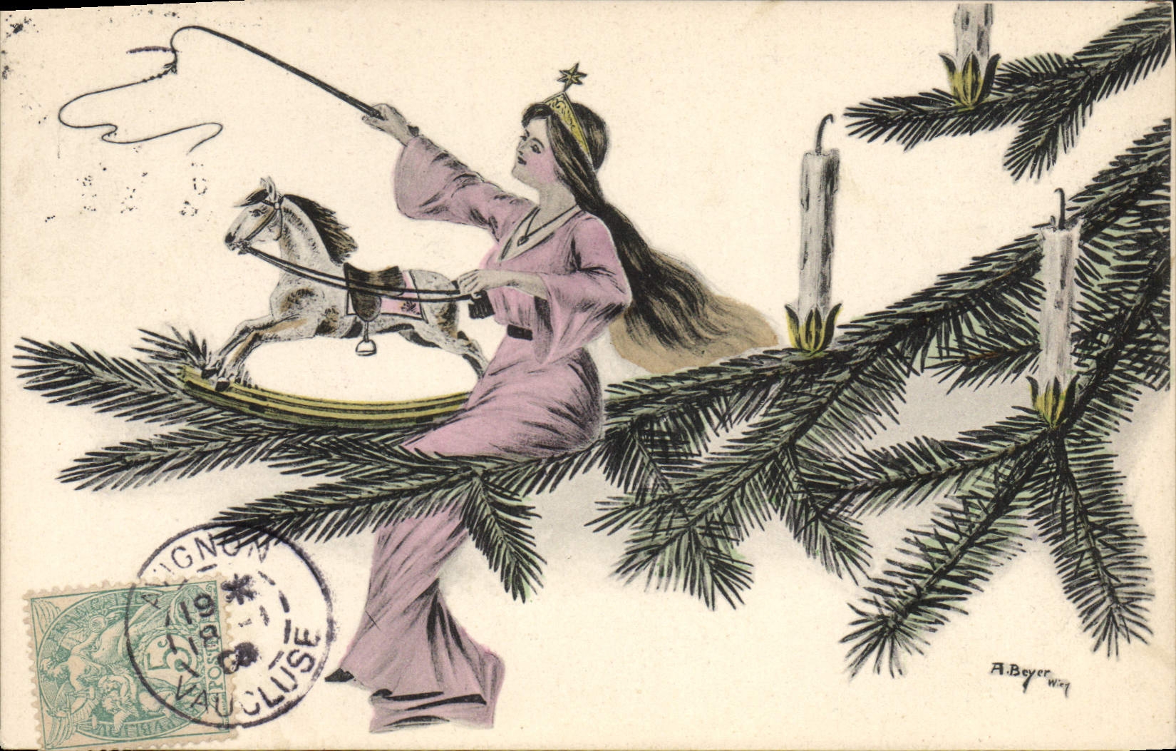 Femme jouant d'un cheval à bascule sur une branche de sapin — A. Beyer — n° 8.0649 V