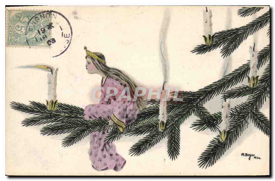 CPA Fantaisie Illustrateur Femme Sapin