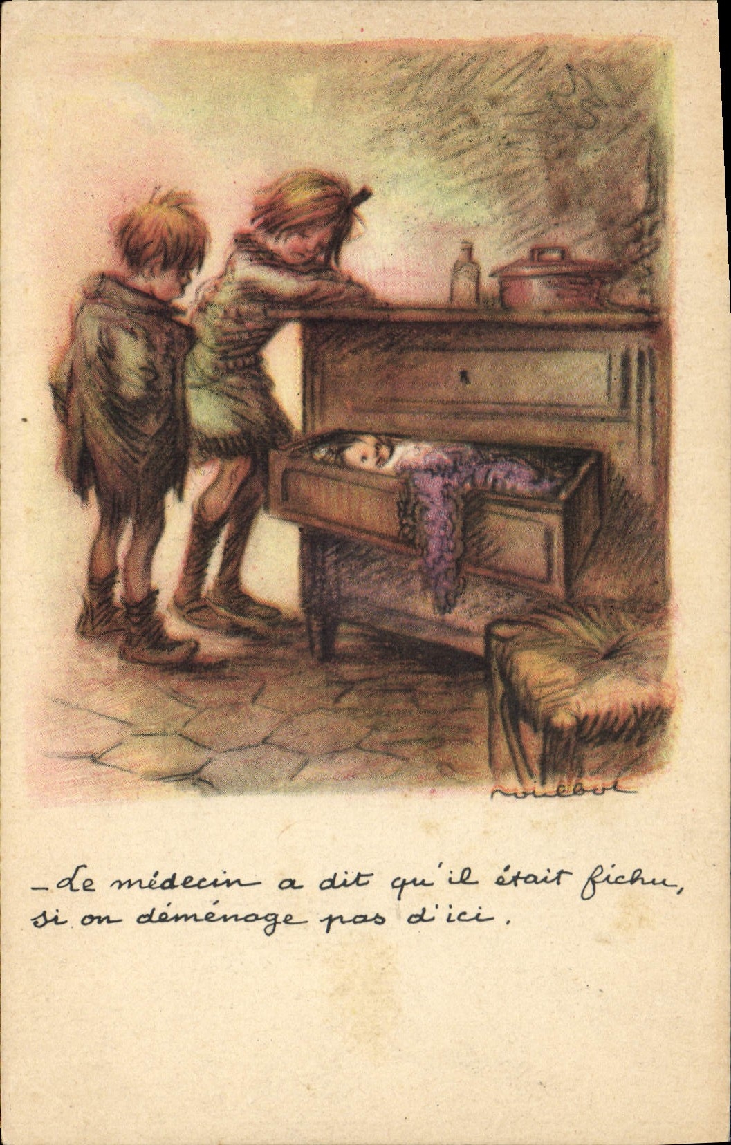 Deux enfants regardant une petite fille endormie dans un tiroir — illustration de Noëlbot — Ligue Nationale Contre le Taudis