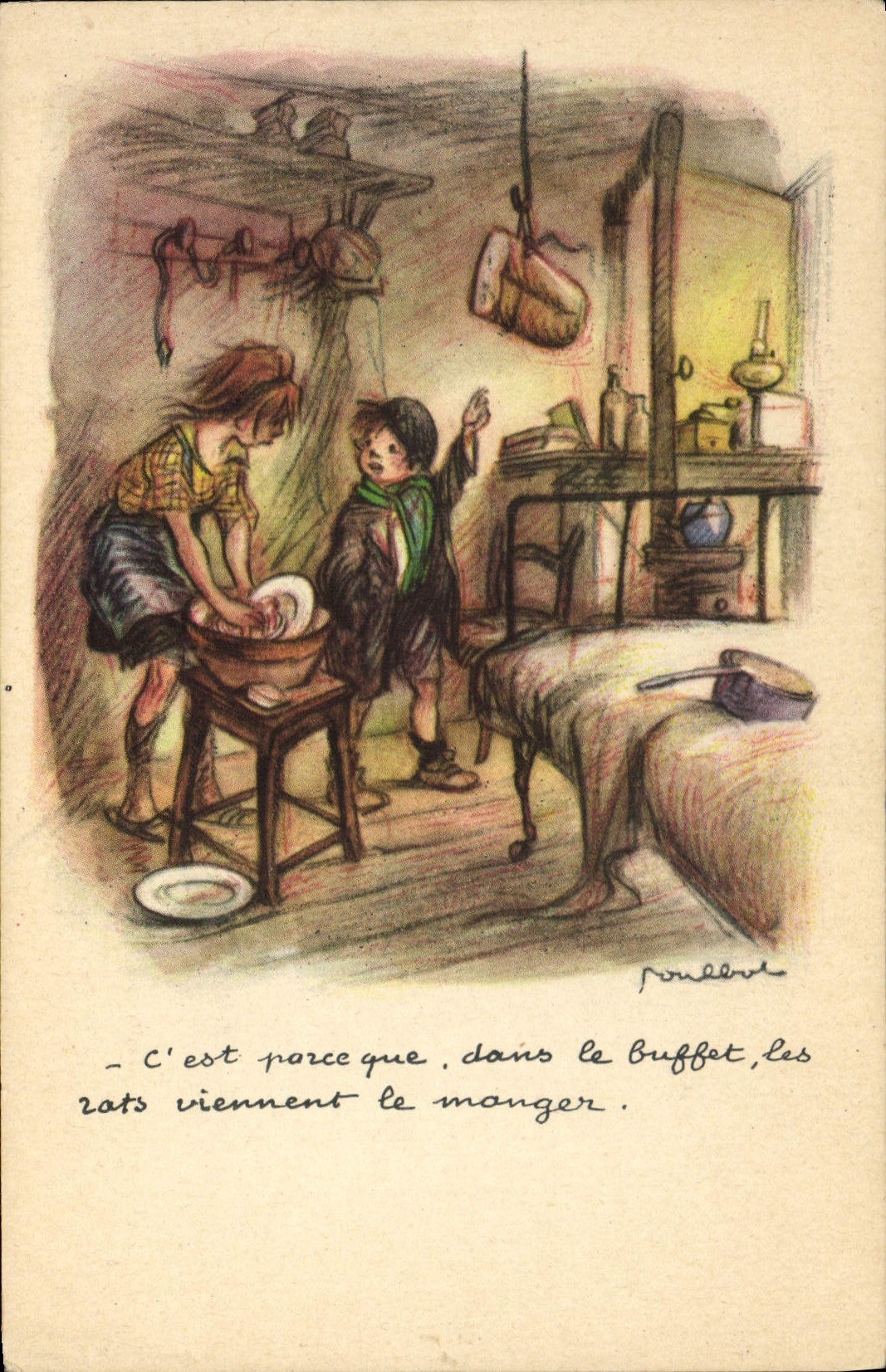 Scène de cuisine — enfants et rats — dessin de Poulbvet