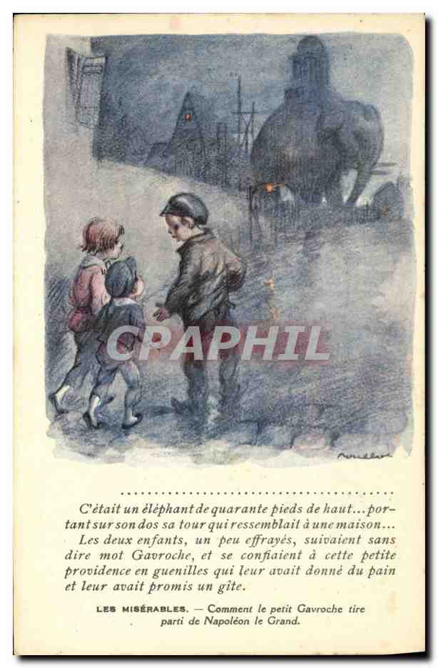 CPA Fantaisie Illustrateur Poulbot Victor Hugo Gavroche Elephant 
