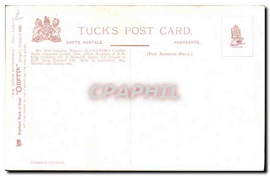 Alexandra Caroline de Danemark — Reine consort d'Angleterre — Tuck & Sons — Verso