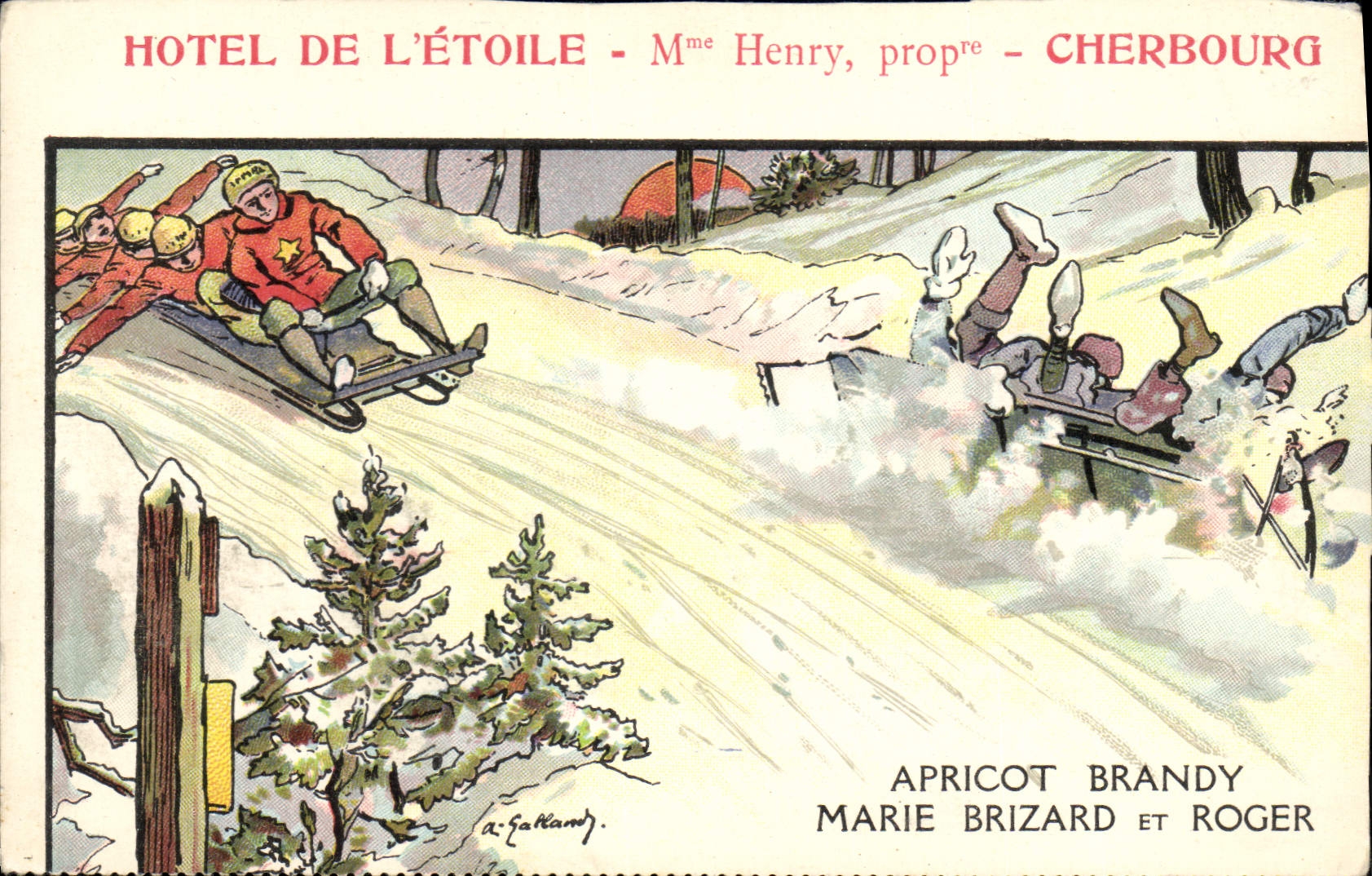 CPA Fantaisie Illustrateur Hotel de l'Etoile Henry Cherbourg Apricot Brandy Marie Brizard et Roger Luge Bobsleigh