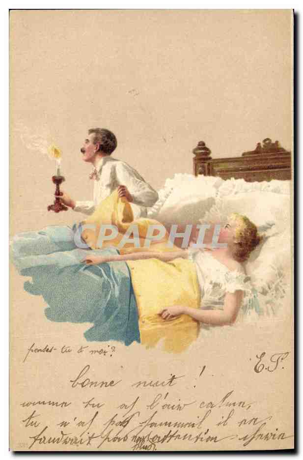 Scène intime avec homme et femme au lit — éditeur E.P. — n° de série non visible