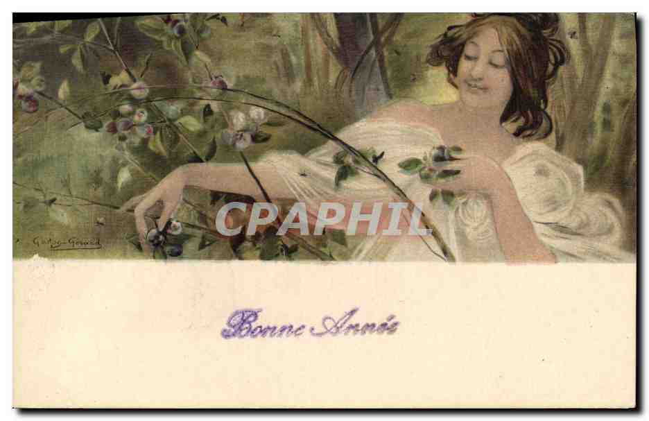Frau im Wald — mit Kirschen — Radierung von Georges Gérard — Verlag P.L. Paris