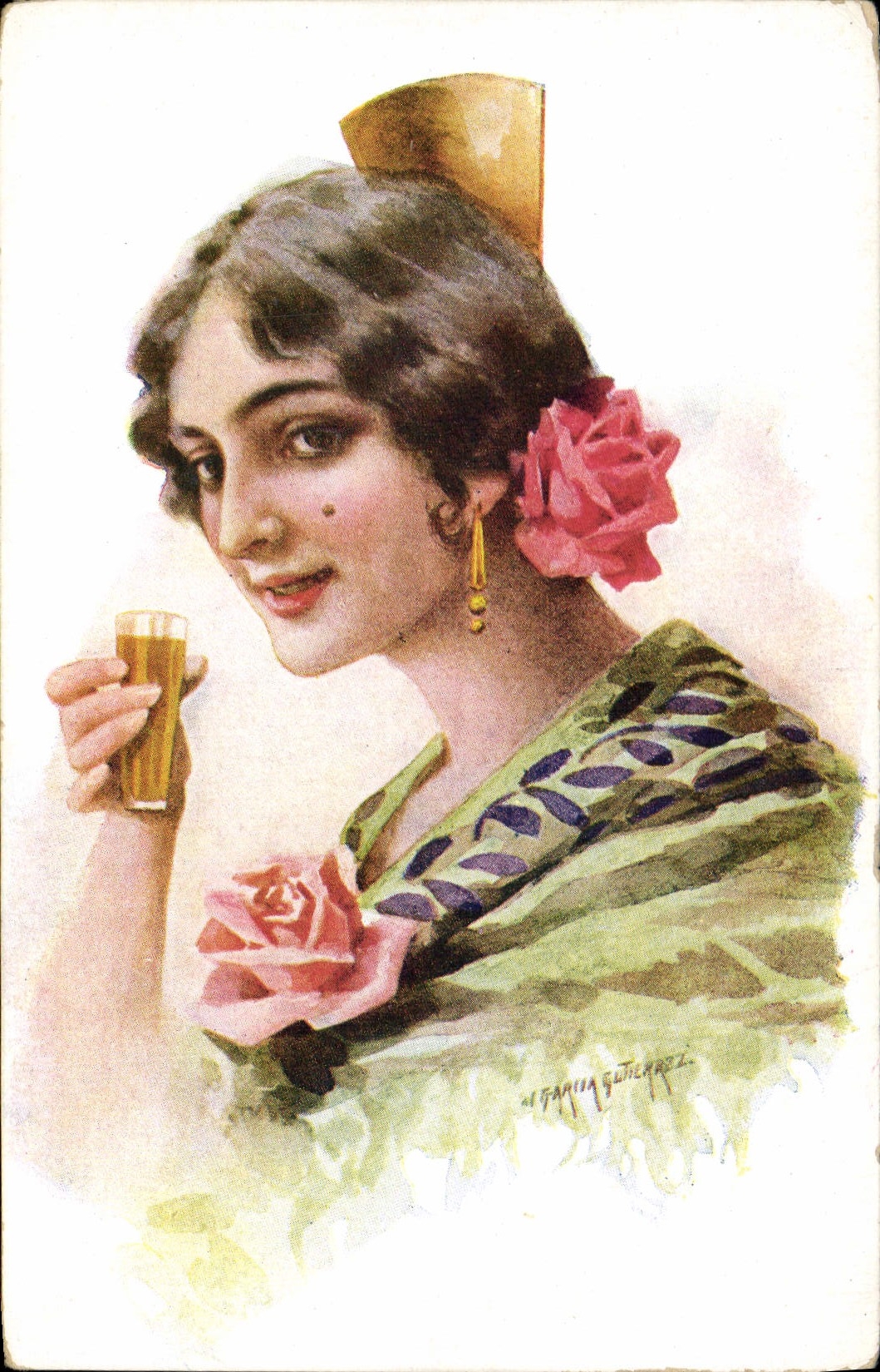 Femme en costume andalou — avec rose et verre — J. García Gutiérrez