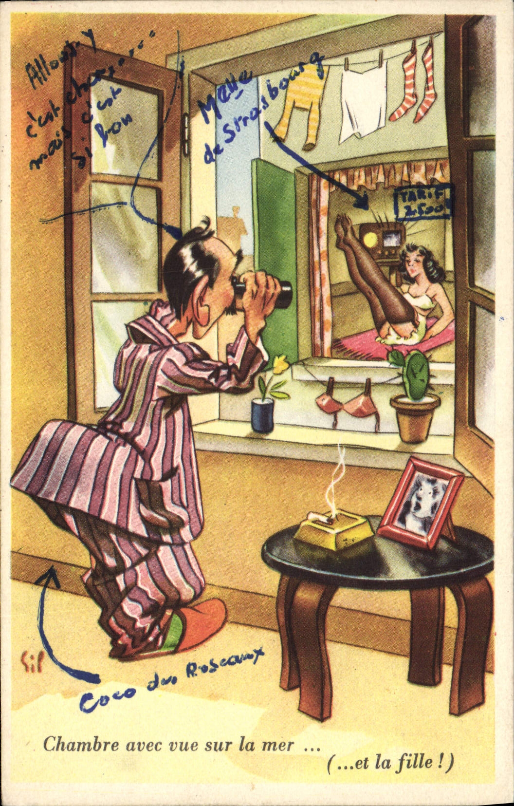 CPA Fantaisie Illustrateur Chambre avec vue sur la mer et la fille 