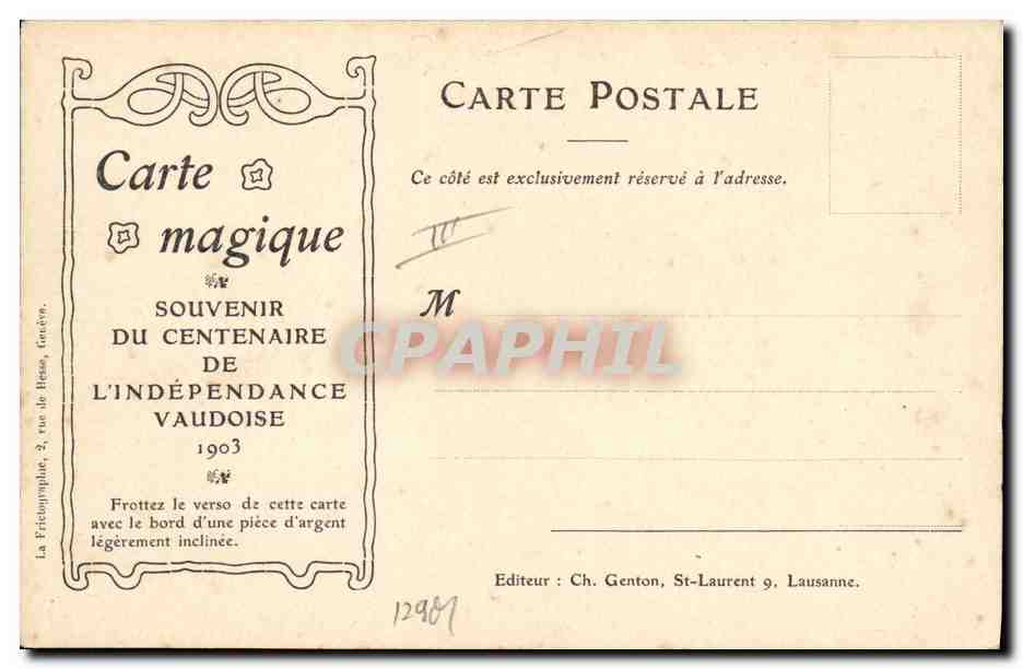 CPA Fantaisie Illustrateur Carte magique Independance Vaudoise 1903 Vaud Suisse — Verso
