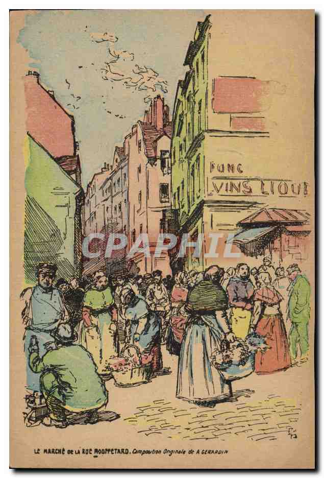 CPA Fantaisie Illustrateur Le marche de la Rue Mouffetard 