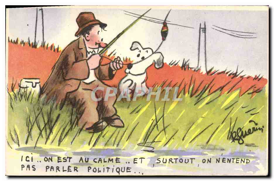CPA Fantaisie Illustrateur Peche Pecheur Chien 