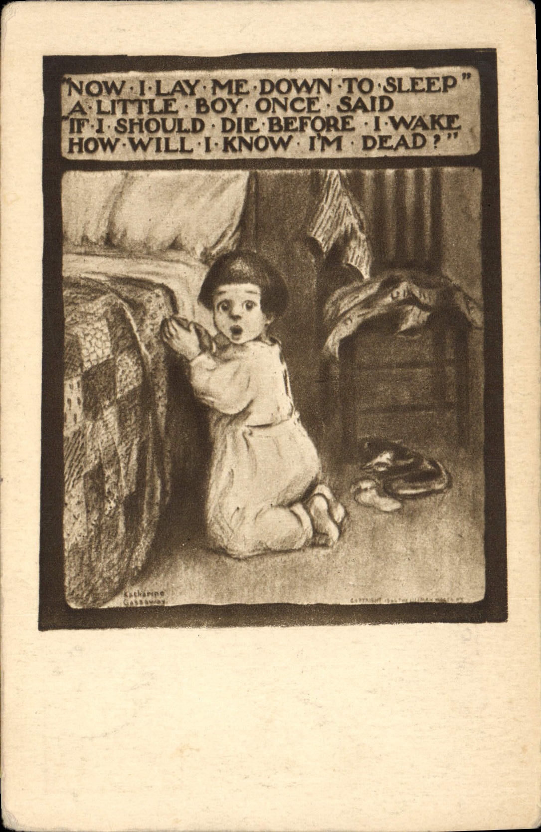 Enfant apeuré devant son lit — poème de Katherine Gaskell — éditeur The Ullman Manufacturing Co., New York, n° 14 de la série 'Photograyure'
