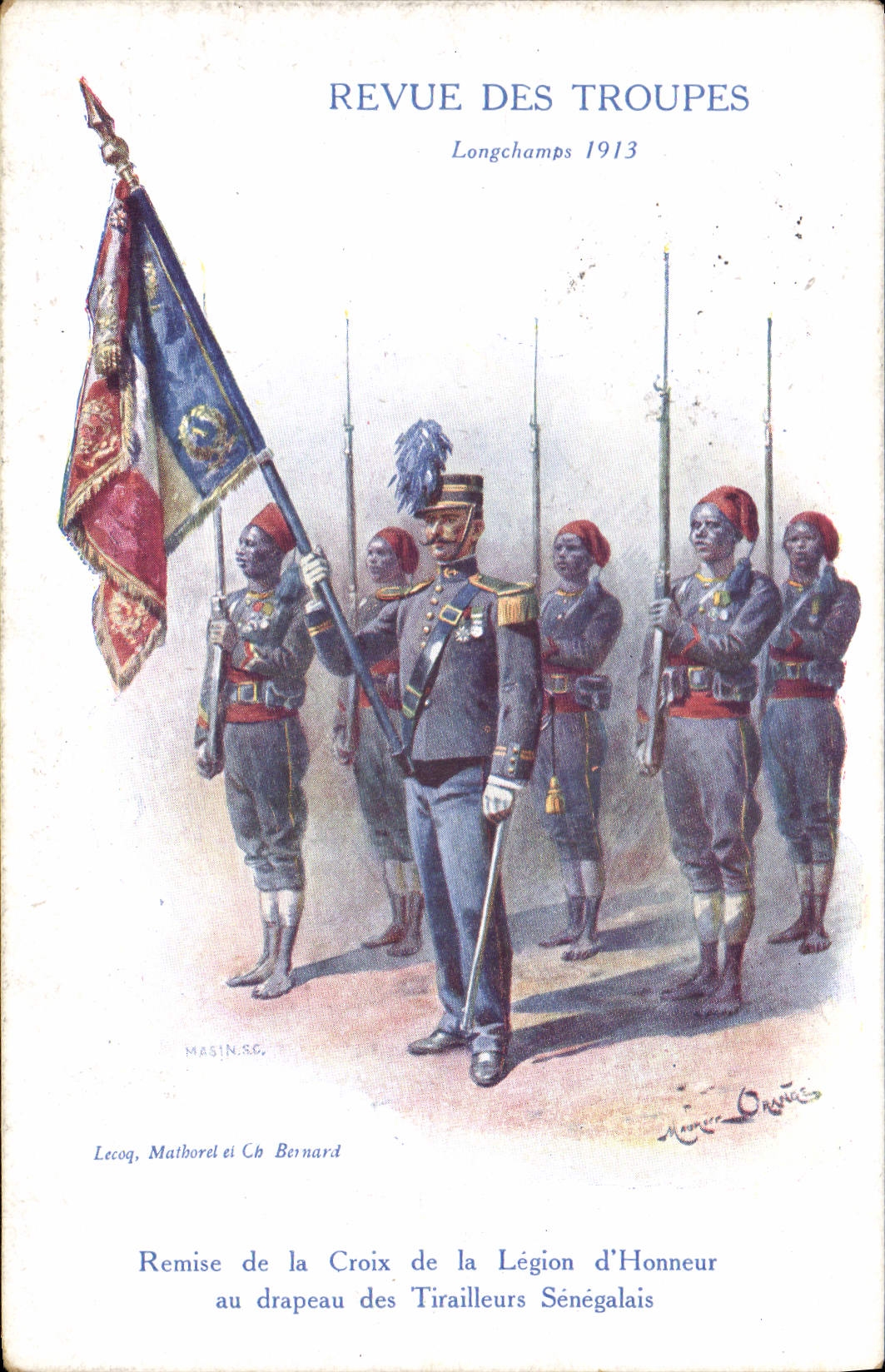 Remise de la Croix de la Légion d'Honneur au drapeau des Tirailleurs Sénégalais — Revue des Troupes, Longchamps 1913 — Lecoq, Mathobrel et Ch Bernard