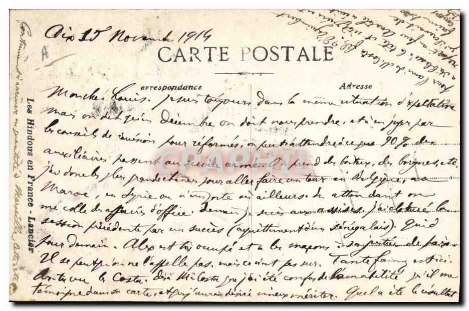 Soldat indien en uniforme — 1914 — Les Hindous en France - Lansac — Verso