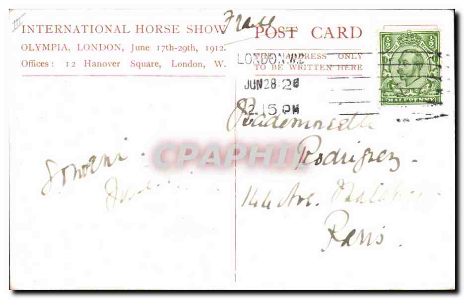 CPA Fantaisie Illustrateur Inernational Horse Show Olympia London 1912 Hanover Square London Cheval Hippisme — Rückseite